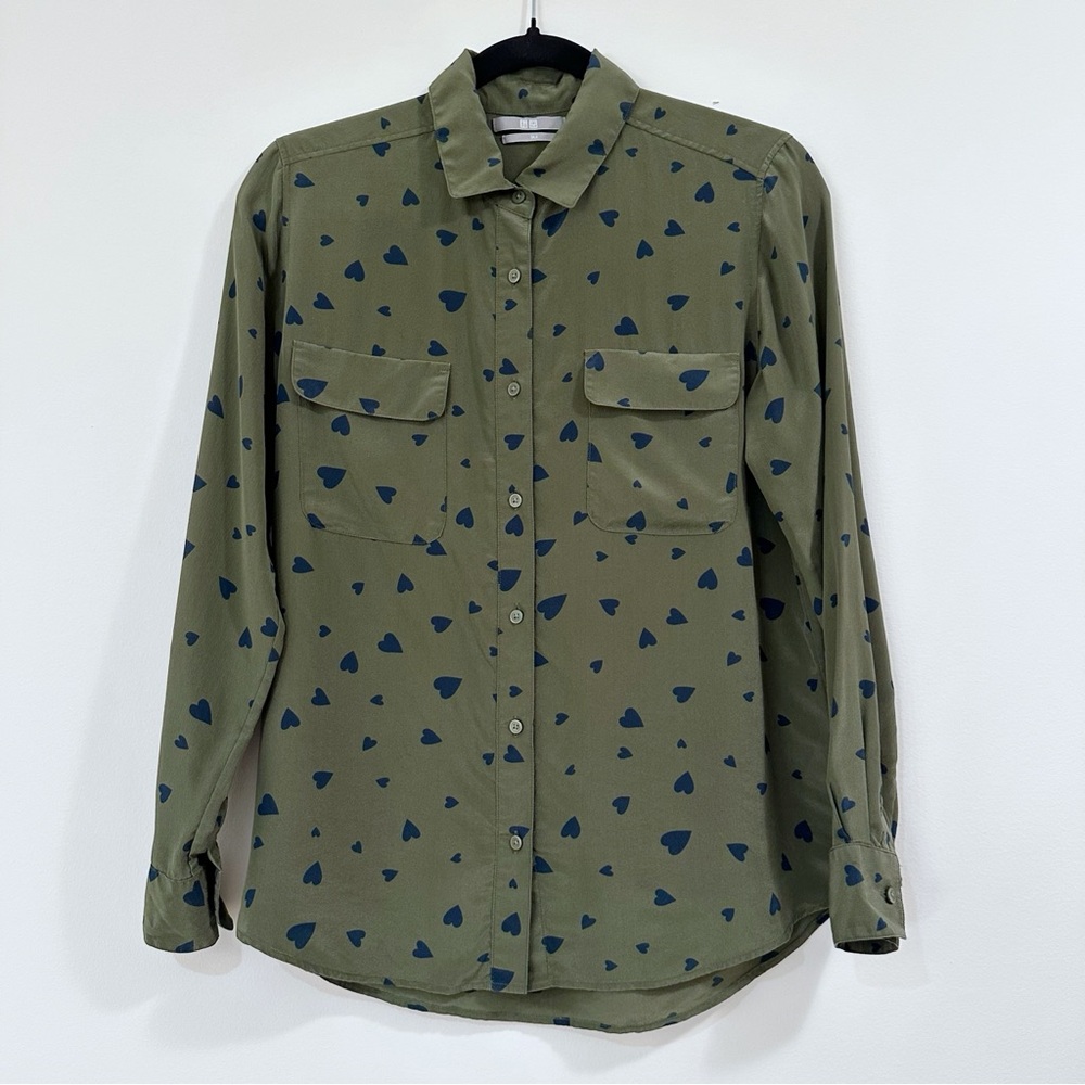 Uniqlo Silk Hearts Green Long Sleeve Button Down Shirt Size Xsmall